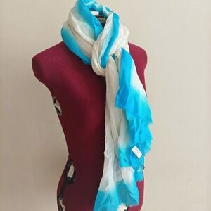 Spun by Subtle Luxury Bright Blue Cream Scarf Rectangle Bohemian Wool Silk Blend